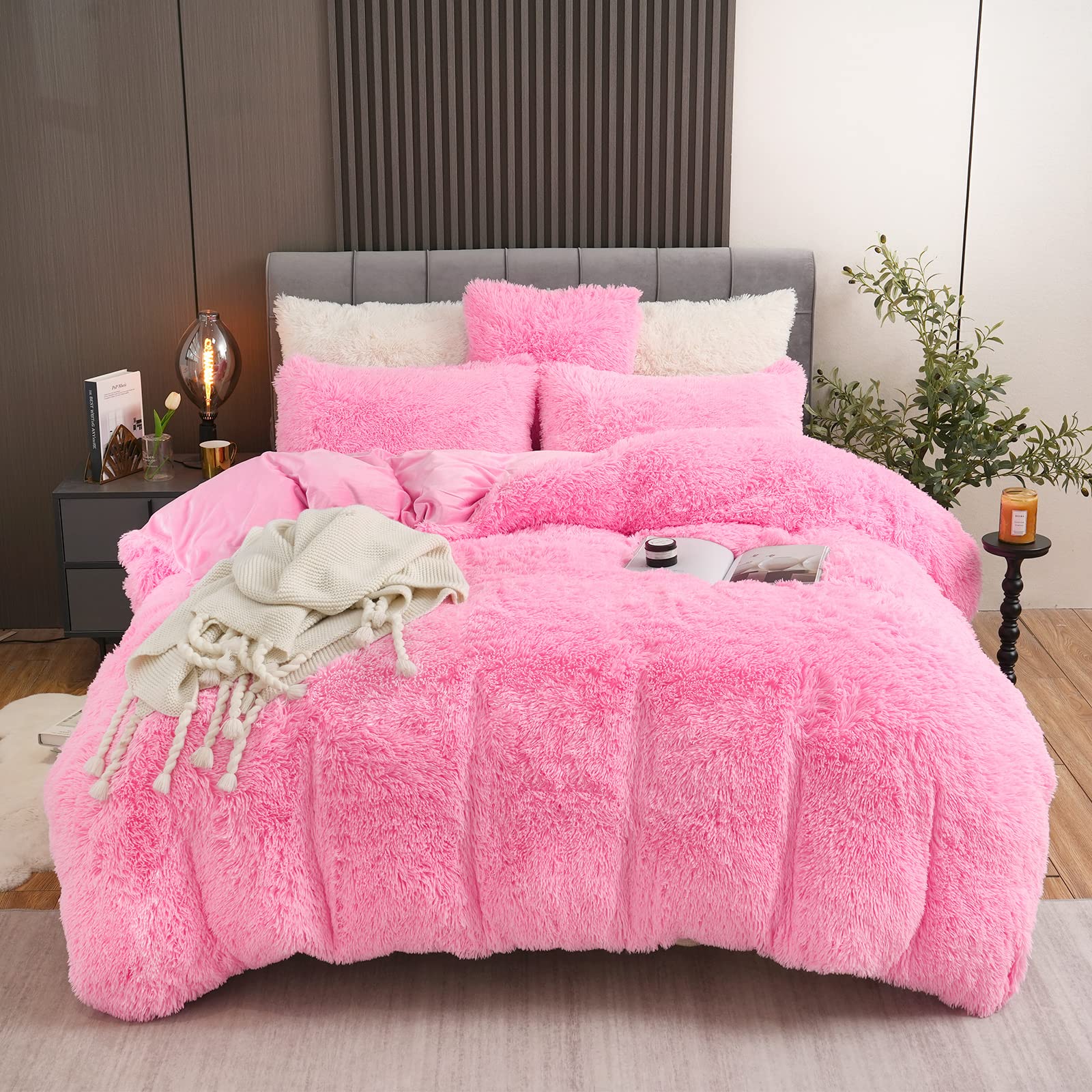 Fluffy Plush Pink Duvet Cover Set King Size, Luxury Soft Velvet Fuzzy Comforter Cover Bed Sets 4Pc(1 Faux Fur Duvet Cover + 2 Pi